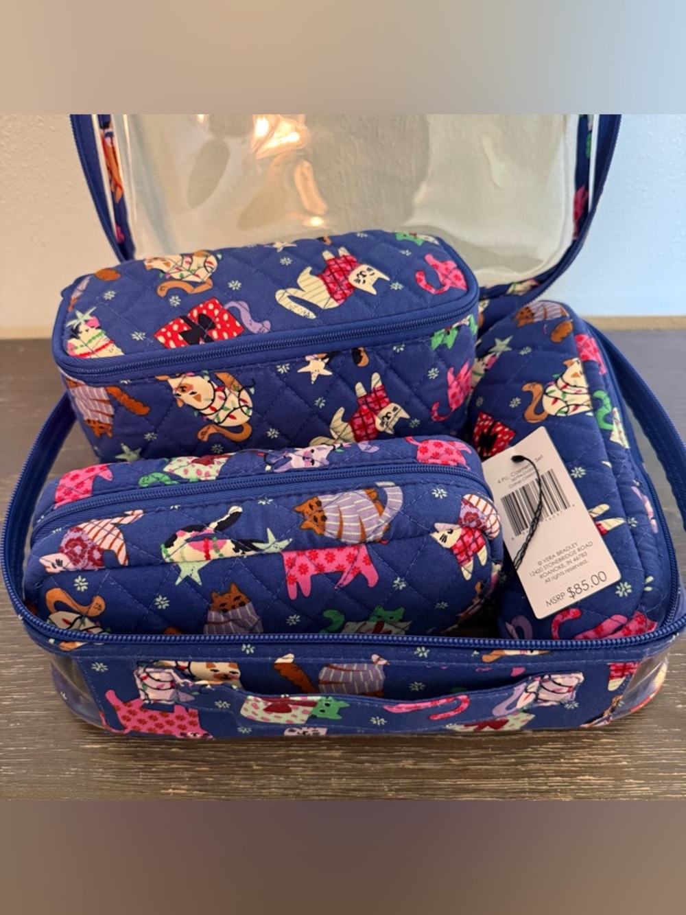 NWT Vera Bradley Quilted Catnip Christmas Print Cosmetic Bag Set of 4